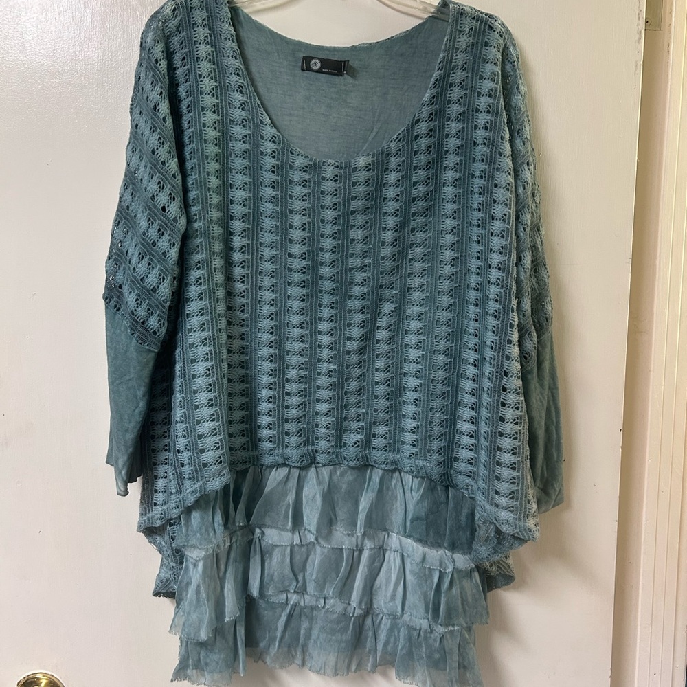 Made In Italy Boho Crochet Ruffle Tier Silk Blend Top Size XL Teal Green